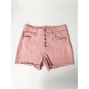 Time & Tru High Rise Pink Denim Shorts Women's 12 Button Fly Raw Hem Distressed